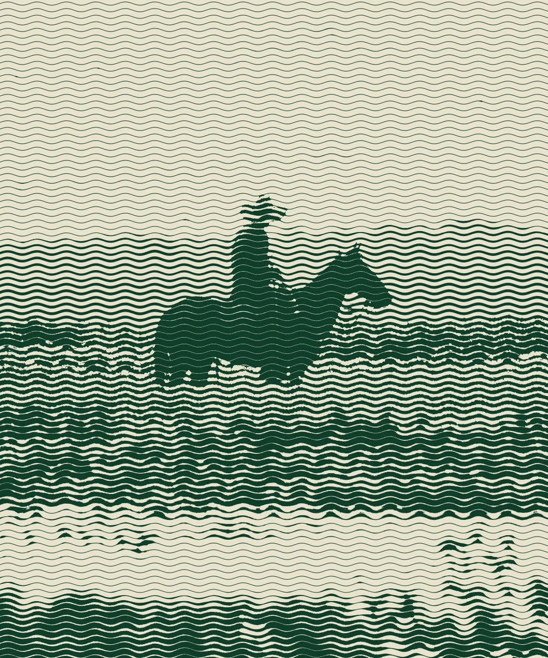 Grabado en líneas verdes: un llanero a caballo, de sombrero, en medio de la sabana inundada al atardecer