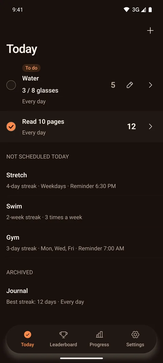 Rachi on a phone: the Today screen with the day's habits and their streaks