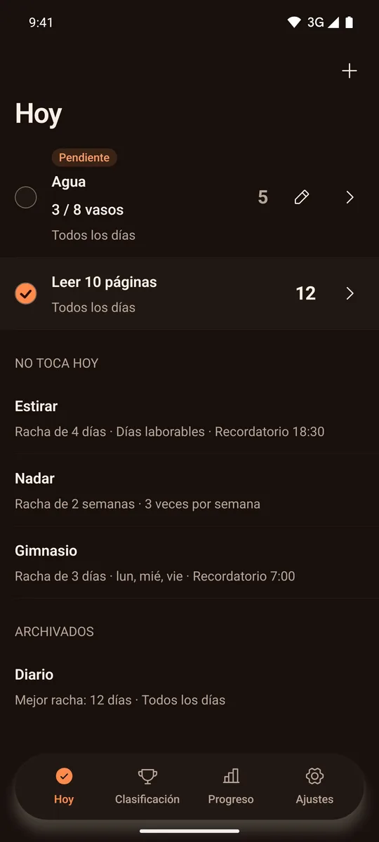 Rachi en el teléfono: la pantalla Hoy con los hábitos del día y sus rachas