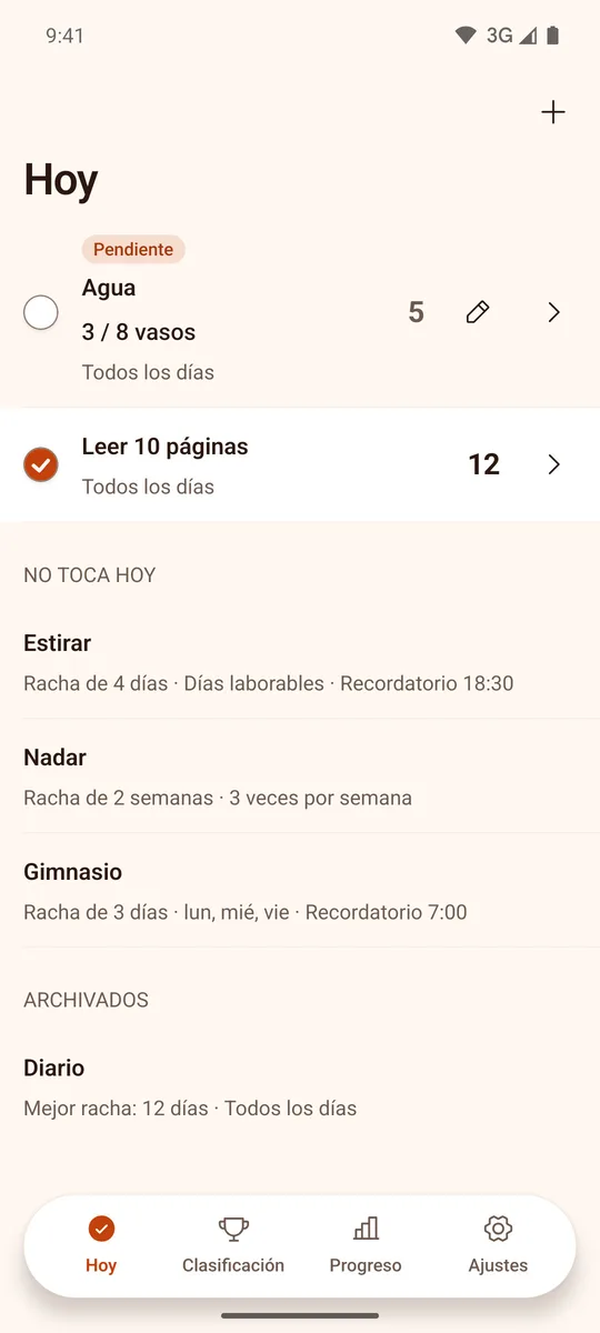 Rachi en el teléfono: la pantalla Hoy con los hábitos del día y sus rachas
