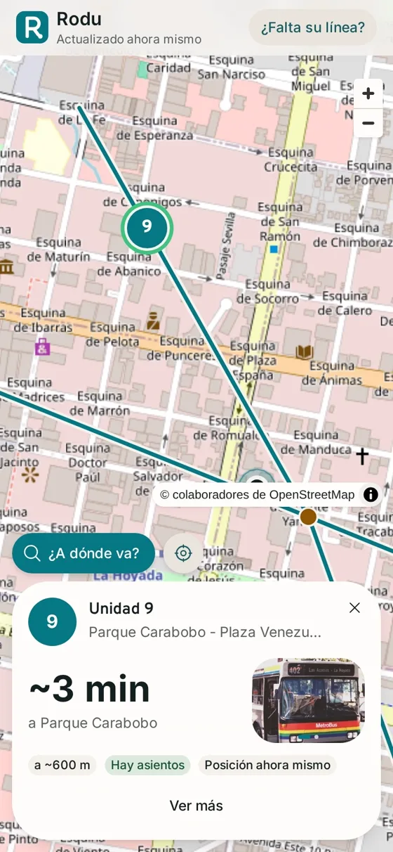 Rodu en el teléfono: la unidad 9 en el mapa de la calle, a unos 3 minutos de Parque Carabobo, con asientos libres