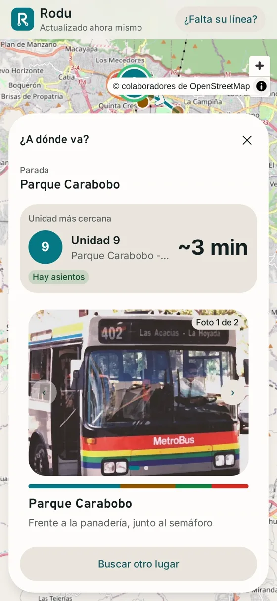 Rodu muestra la parada Parque Carabobo, la unidad 9 a unos 3 minutos y una foto de la parada